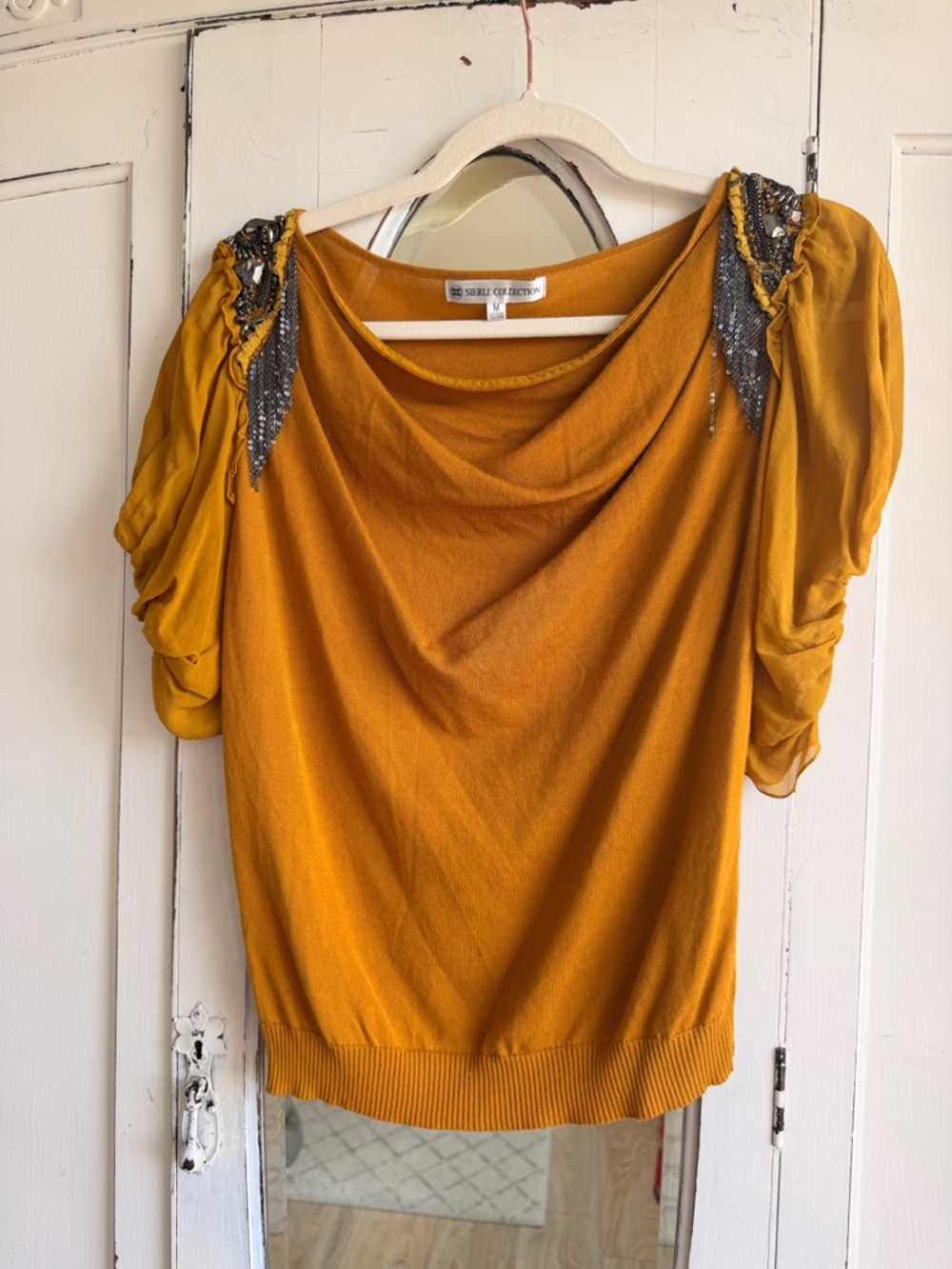 Sierli Mustard Yellow Embellished Sleeve Women's Top